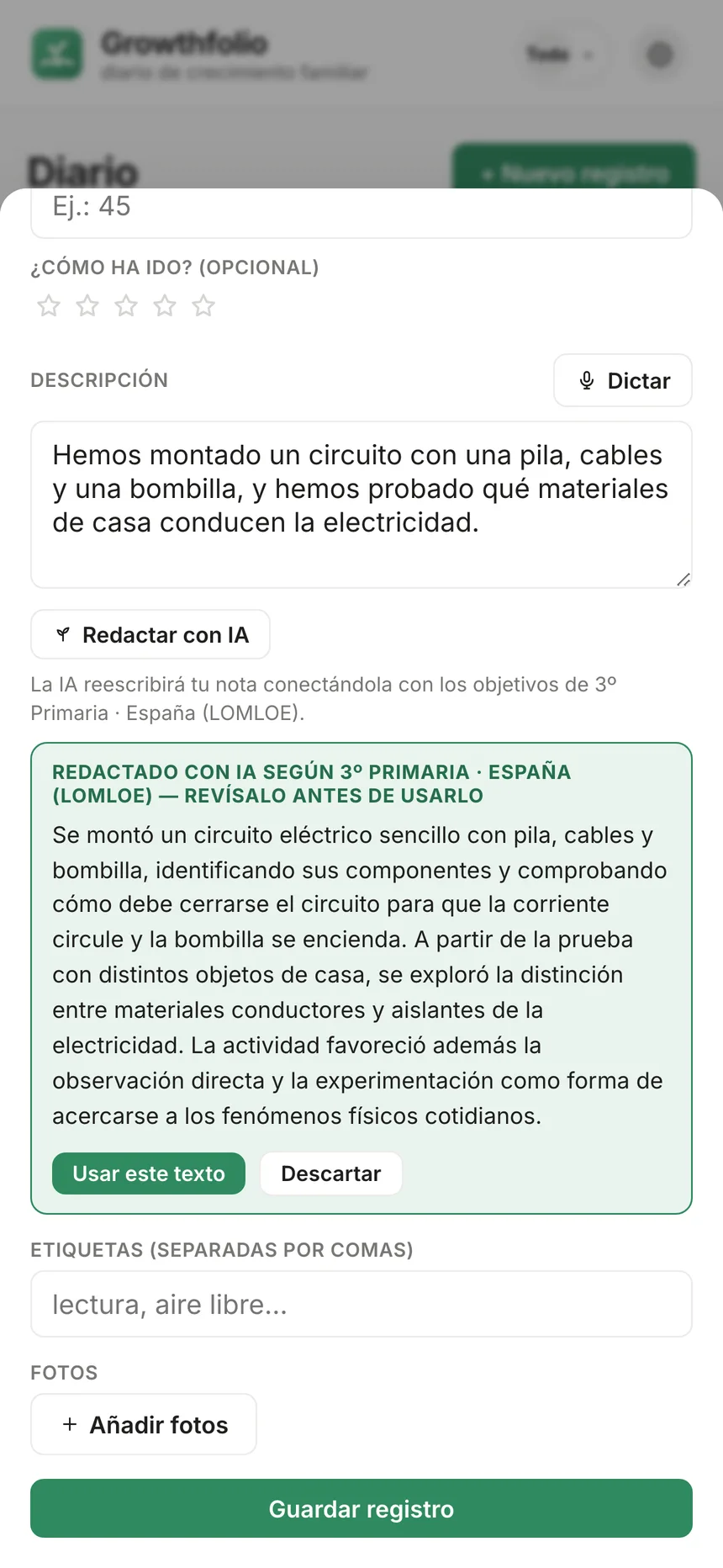 El diario de Growthfolio con dictado por voz y redacción con IA